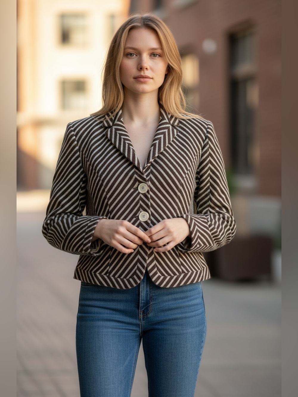 Armani Collezioni Chevron Striped Blazer Brown/Cream Sz 12